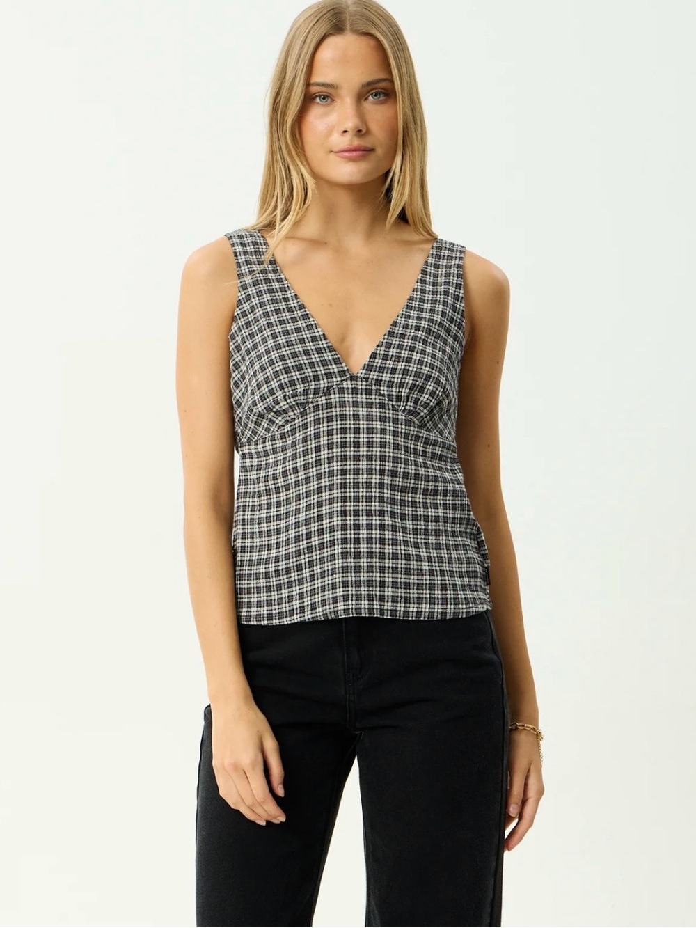 Afends Black & White Plaid V-Neck Tank Top NWT